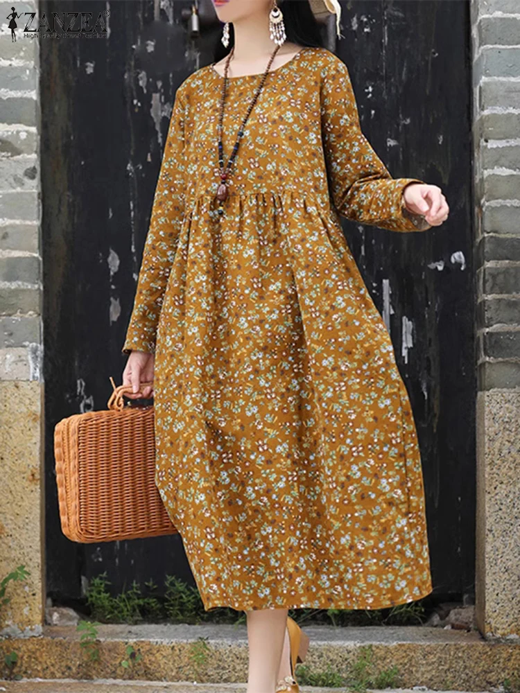 ZANZEA Vacation Floral Printed Midi Dress Cotton Daily O Neck Long Sleeve A-line Vestidos Women Autumn 2024 Loose Casual Robes