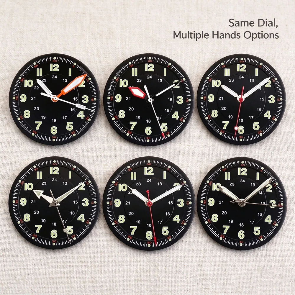 Luminous 29mm Black Pilot Watch Dial With Multiple Hands Set Automatic Diving Watch Parts Fit NH35 NH36 ETA2824 Miyota8215 Movt