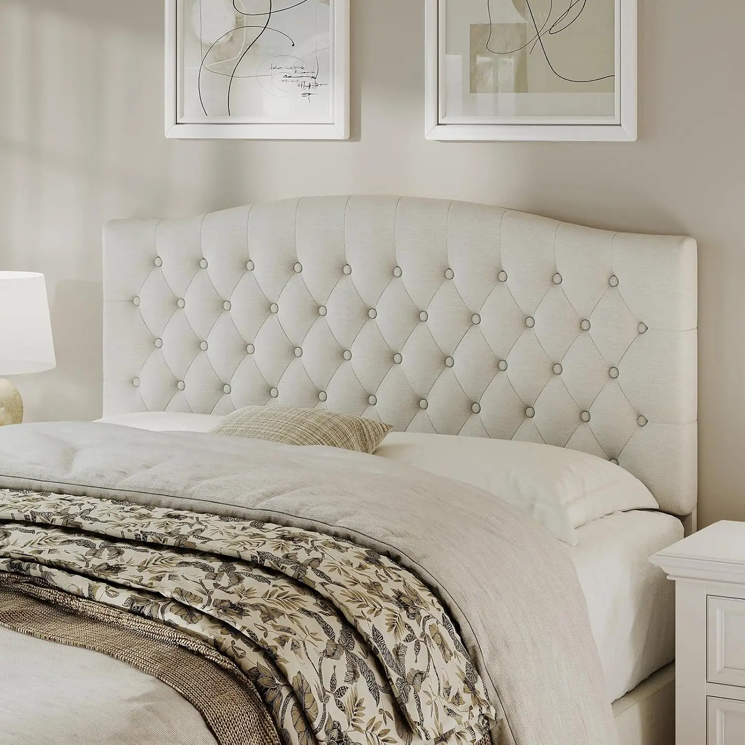 Queen Size Headboard Only, Classic Tufted Linen Design in Ivory
