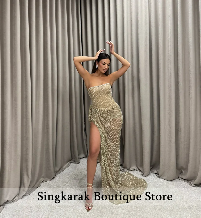 

Luxury Gold Evening Dresses 2025 Prom Gown Side Split Formal Party Dresses Beading Crystals Prom Gown Customized