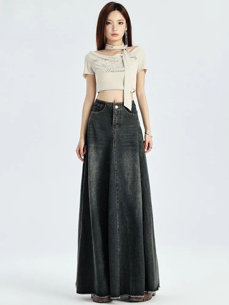 

High Waist Slimming Denim Skirt Women's Autumn New American Retro Small Size Long A-Line Fi Tail Skirt