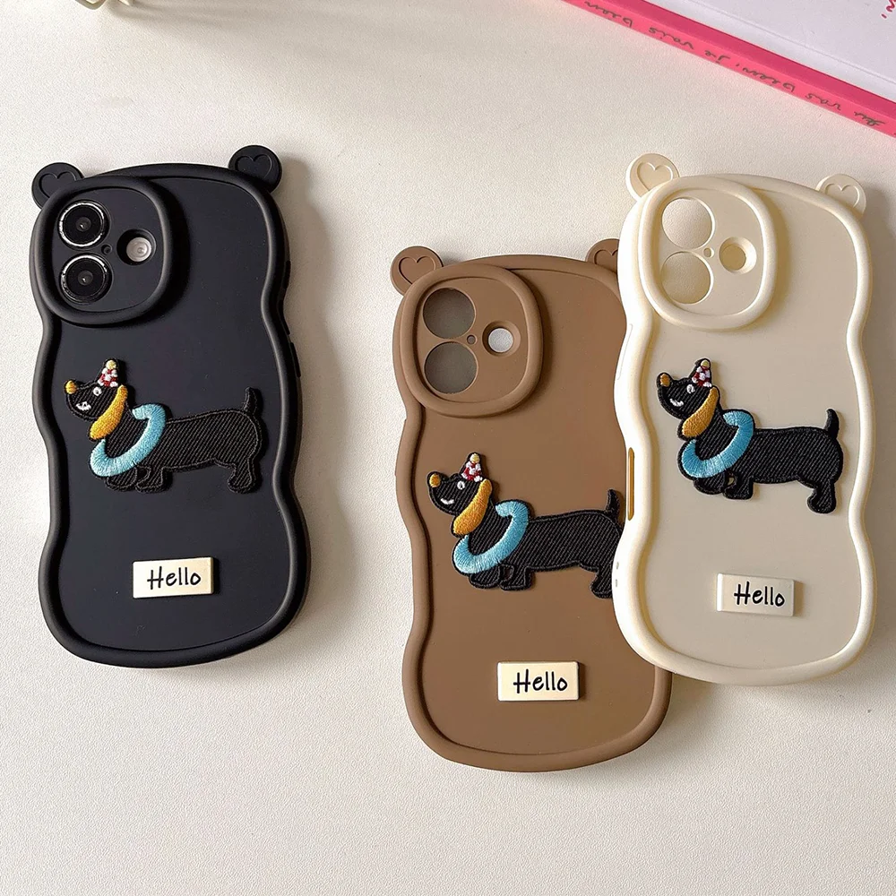 

INS Cartoon 3D Ears Embroidered Puppy Pattern Phone Case For iPhone 17 16 15 14 13 12 11 X XS XR Pro Max Plus Protective Cover
