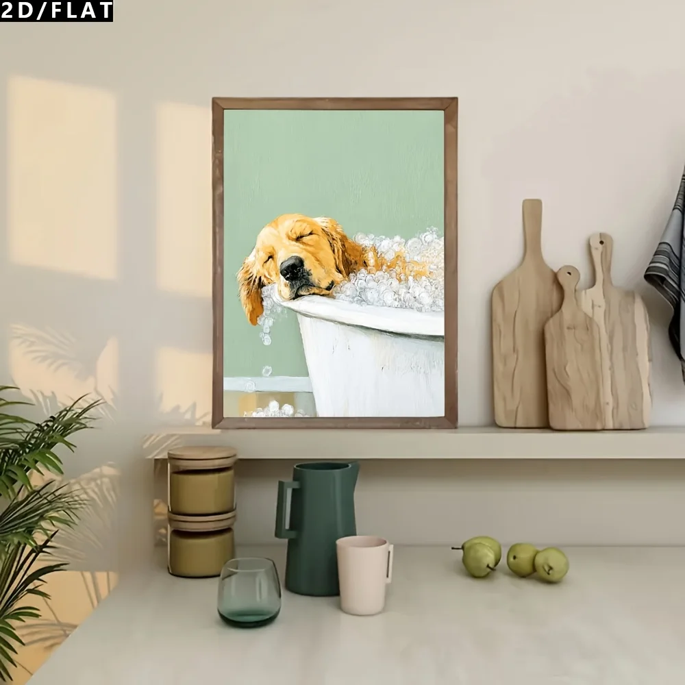 2D Flat, 2D/FLAT 1pc Golden Retriever Bathing Modern Realistic Art Painting Oil Canvas Wall Art, Fun Animal Print Poster Room