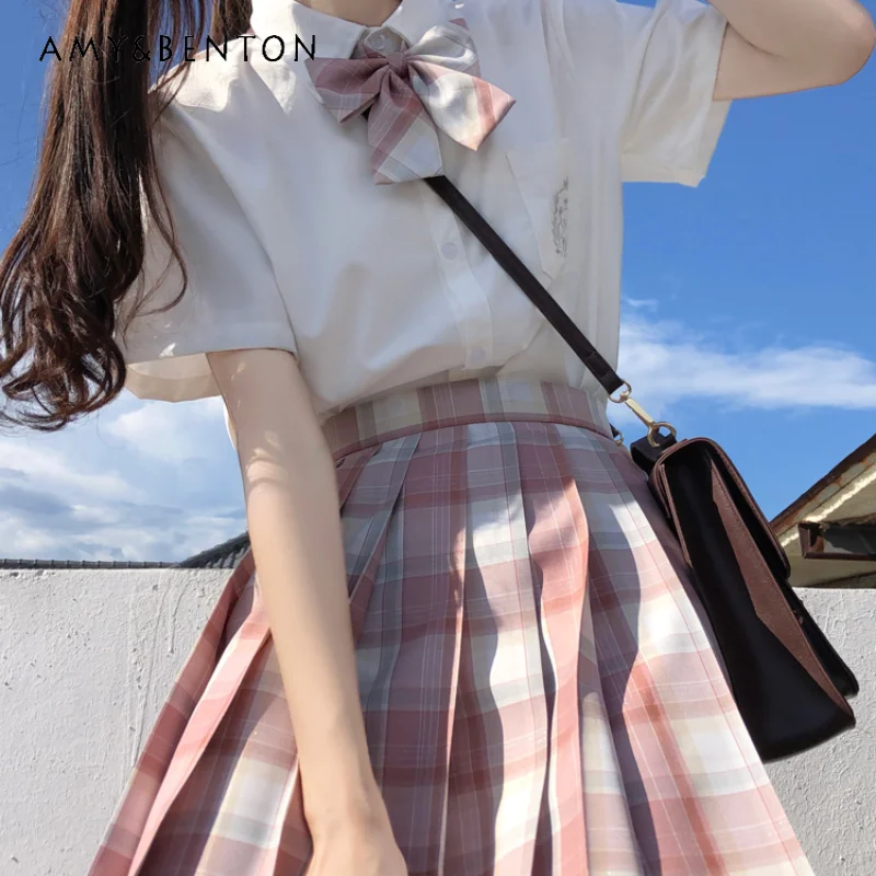 

2024 Japanese Style JK Uniform Original Lapel Pink Long Short Sleeves Top Plaid Pleated Skirt High Waist Slimming Suit For Girl