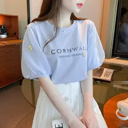 2033 New Summer Fashion Simple Round Neck Letter Print Loose Casual 3D Flower Ladies Sweet Lantern Sleeves Off Shoulder T-shirt