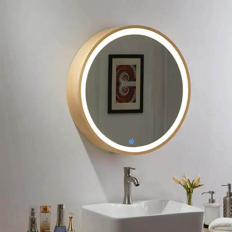 Custom round bathroom mirror cabinet with lamp solid wood smart mirror box anti-fog storage bathroom makeup wall-mounted