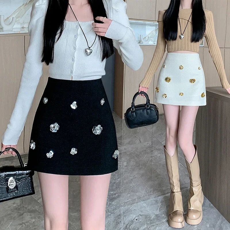 

Autumn and Winter Small Fragrant Style Three Dimensional Flower Decoration High Waist Bag Hip Short Skirt Half Body Skirt