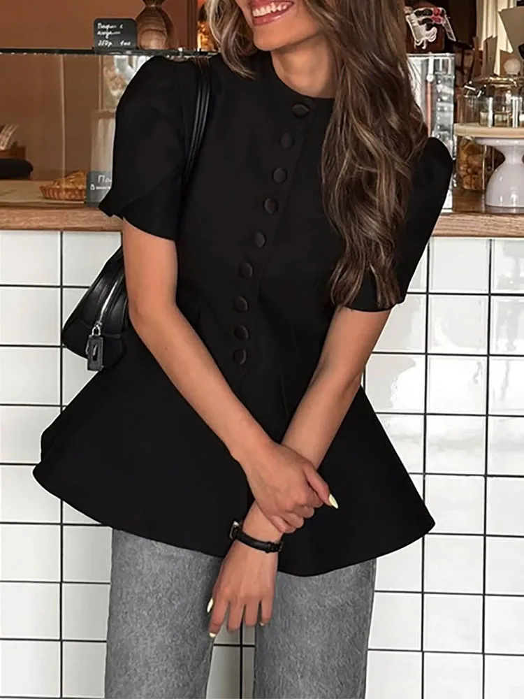 High street style stand up collar single breasted high waisted slimming commuting top spring and summer new sweet and fresh top