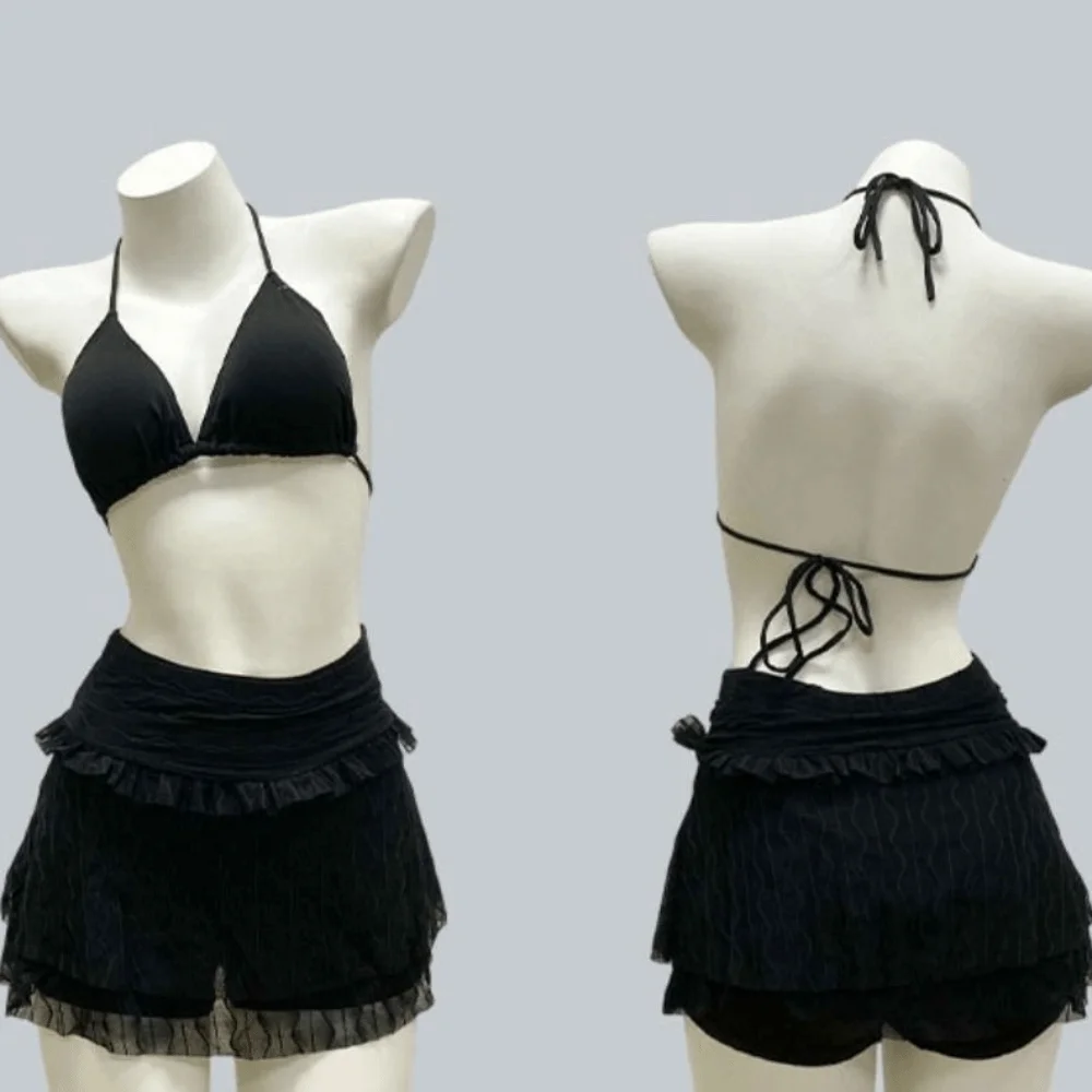 

Slim Fit Short Sleeve Swimsuit Transparent Hollow Out Bikini Bathing Suit Ruffle Beachwear Clothing Three Pieces Swimwear Set