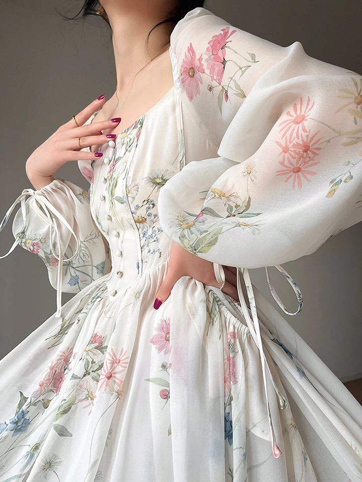 ワンピース French Sleeve Dress Flower Embroidery French Elegant Floral Midi Dress Chiffon Long Sleeve Evening Party