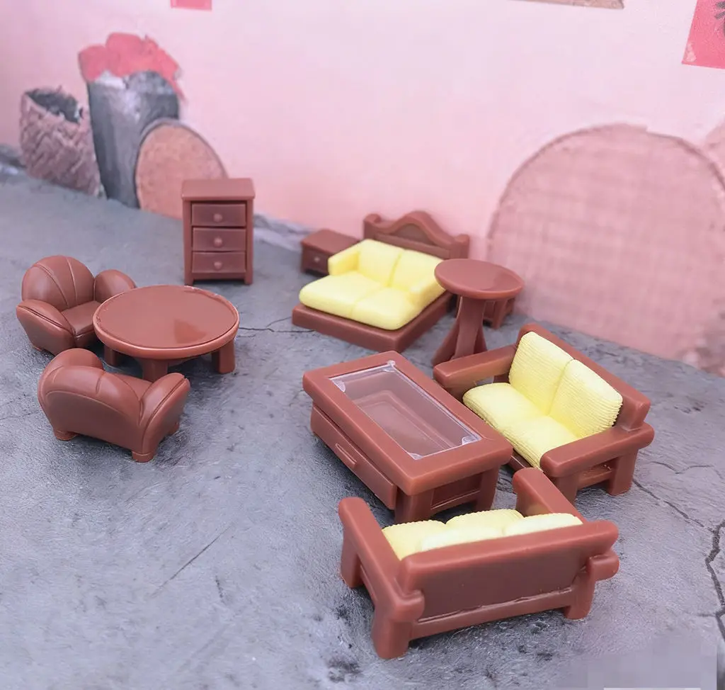 1:12 bjd casa de bonecas diy conjunto de móveis em miniatura-mesa/cadeiras/sofá de madeira, mini adereços de cena realistas para brincar de fingir e decoração
