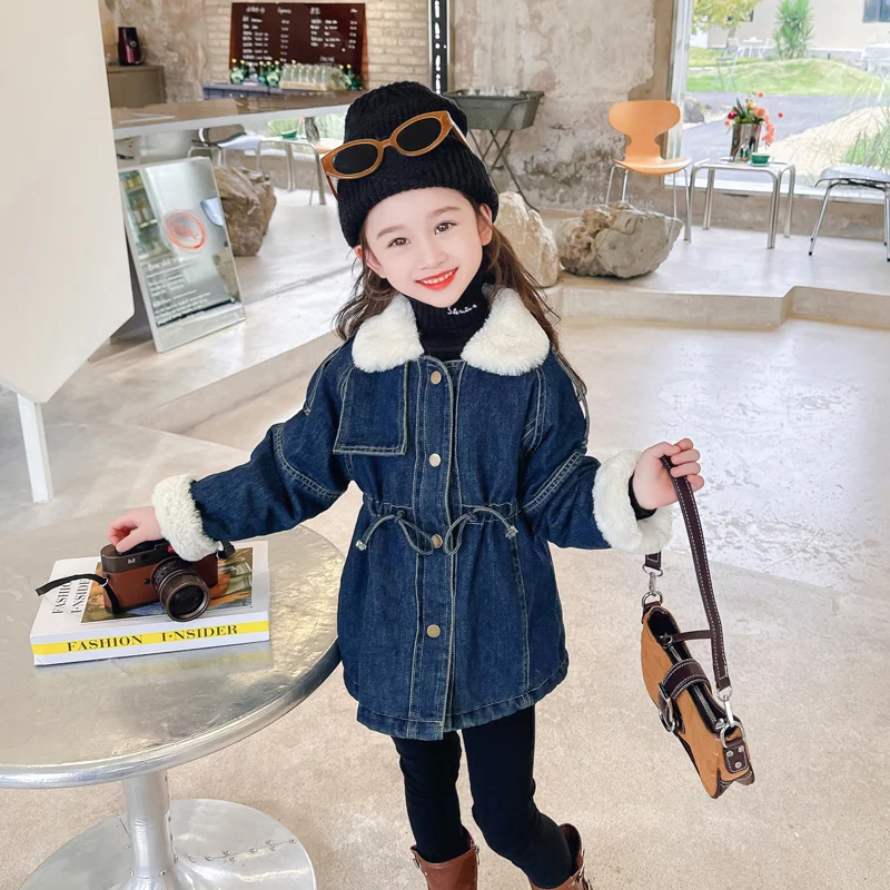 

Autumn Winter Baby Girls Coats Children Thickened Plush Denim Jacket Kids Clothing Everyday Casual Outerwear 2-8 Years Costumes