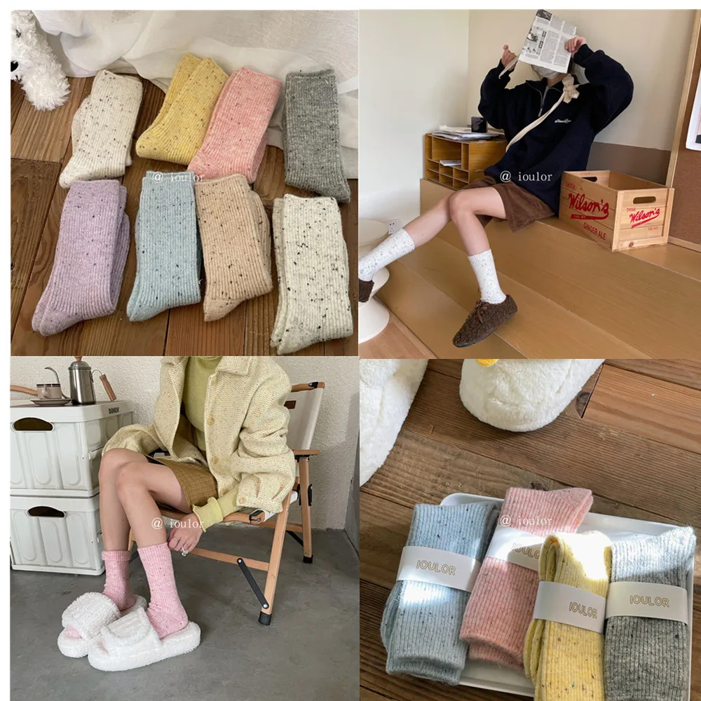 1Pair New in Women's Socks for Winter Thickened Warm Wool Solid Color Japanese JK Fashion Popular Medium Tube Pile Dot Stockings