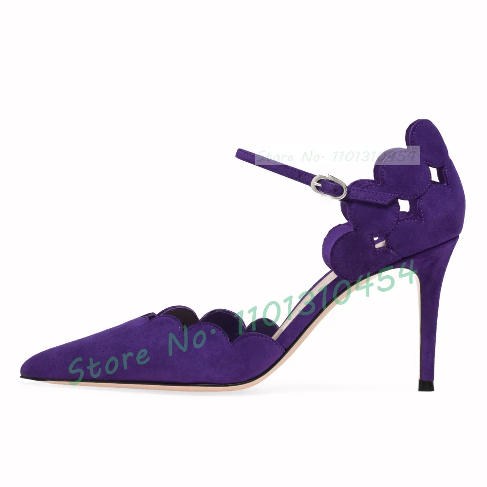 Sandali con tacco alto smerlati viola Sandali da donna di lusso con cinturino frontale in pelle scamosciata Scarpe a punta da donna Sandali eleganti concisi tutti abbinati