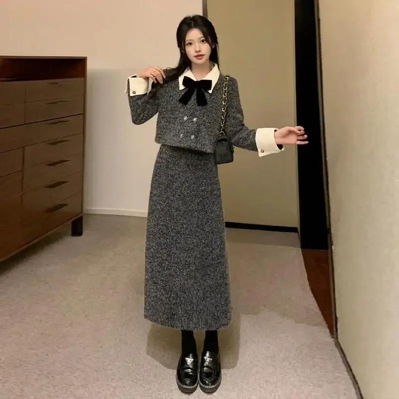 Insozkdg Skirt Suits 2024 New Autumn-Winter Korean-style Ensemble High-end Butterfly Knot Woolen Outerwear + Skirt Two-Piece Set