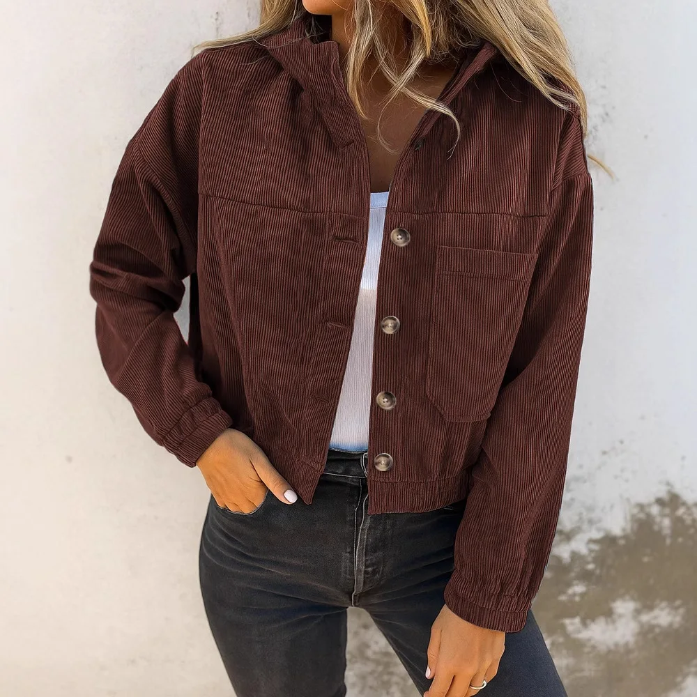Autumn women's casual short coat tops corduroy long sleeved cardigan hooded pocket jacket