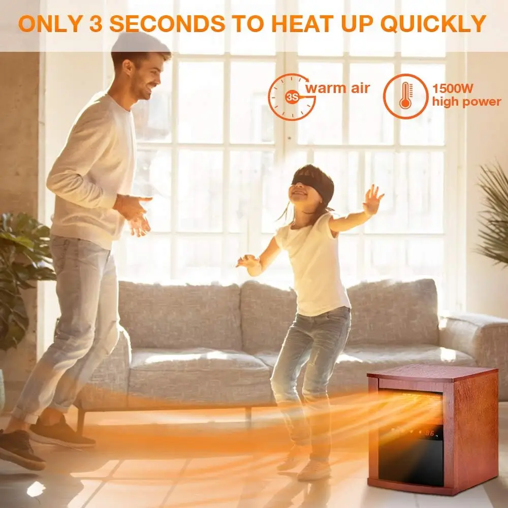 1500W Infrared Heater, Electric Space W/ 3 Heat Modes, Remote Control & Timer, Room Heater W/ Overheat & Tip-Over Shut USA