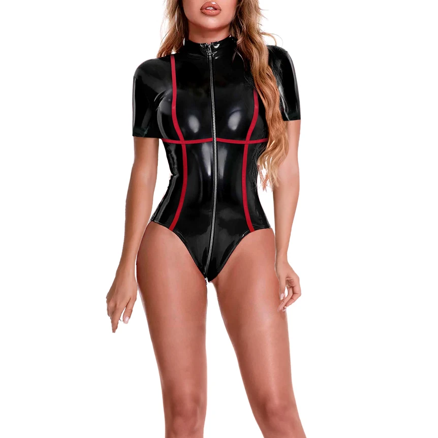 Women Sexy Party Skinny PU Leather Bodysuit Without Trousers Legs Jumpsuit Female Front Zipper Open Crotch Nightclub Rompers