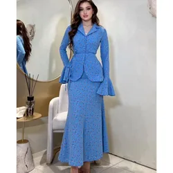 Primavera autunno nuova tromba floreale manica lunga vestito gonna donna moda sottile elegante cintura Fine gonna 2 pezzi Set ufficio Female2024