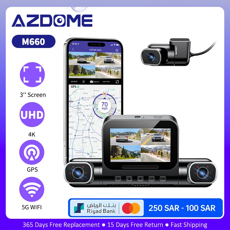 AZDOME M660 Car DVR 4 Channel 360° Dash Cam Front Rear Inside 128G EMMC WIFI GPS Dash Camera for Cars 2.5K+1K+1K+1K Parking Mode