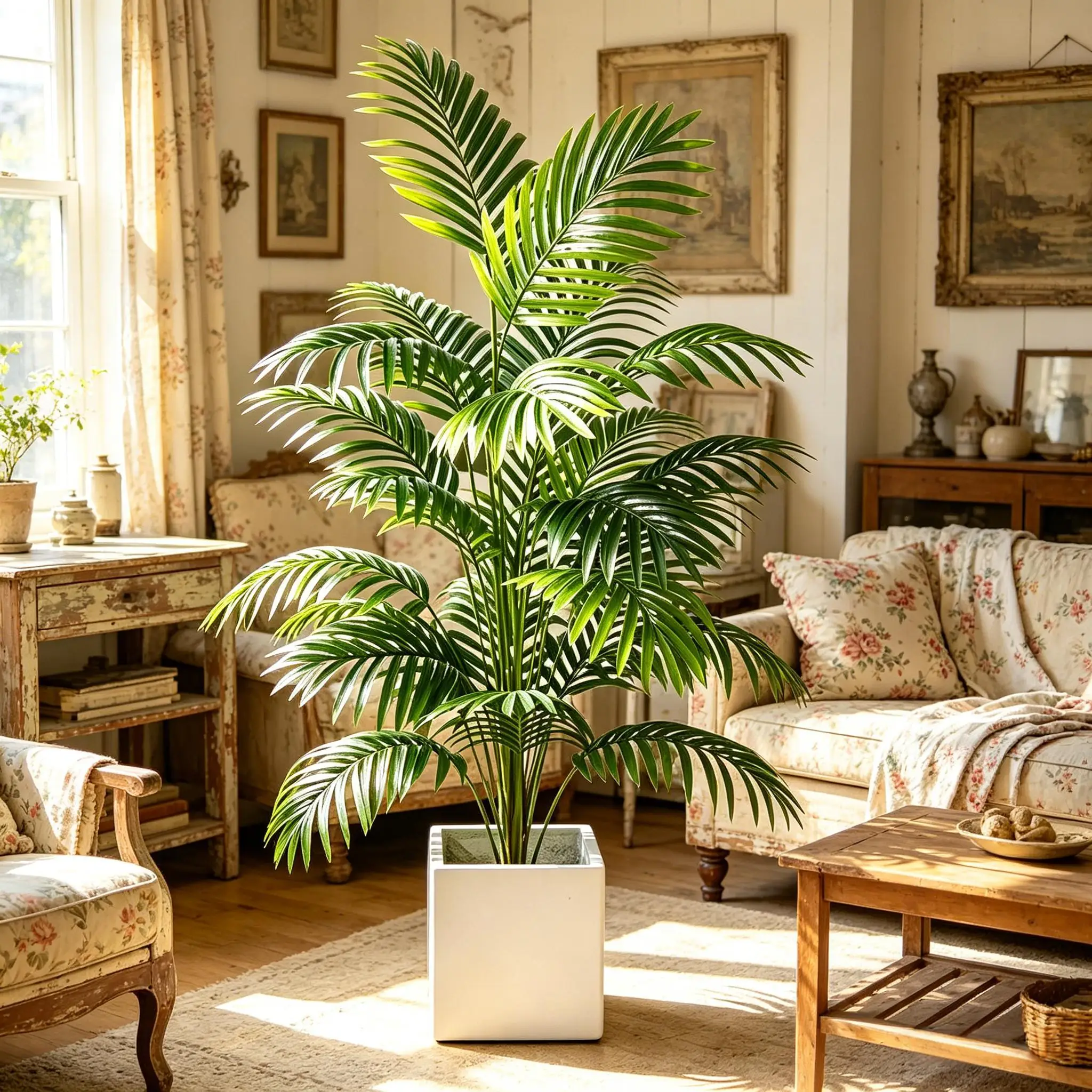 Palmera Areca Artificial en Maceta, Planta Artificial de Plástico Verde para Decoración de Interiores, Hogar, Jardín, Oficina, Fiestas