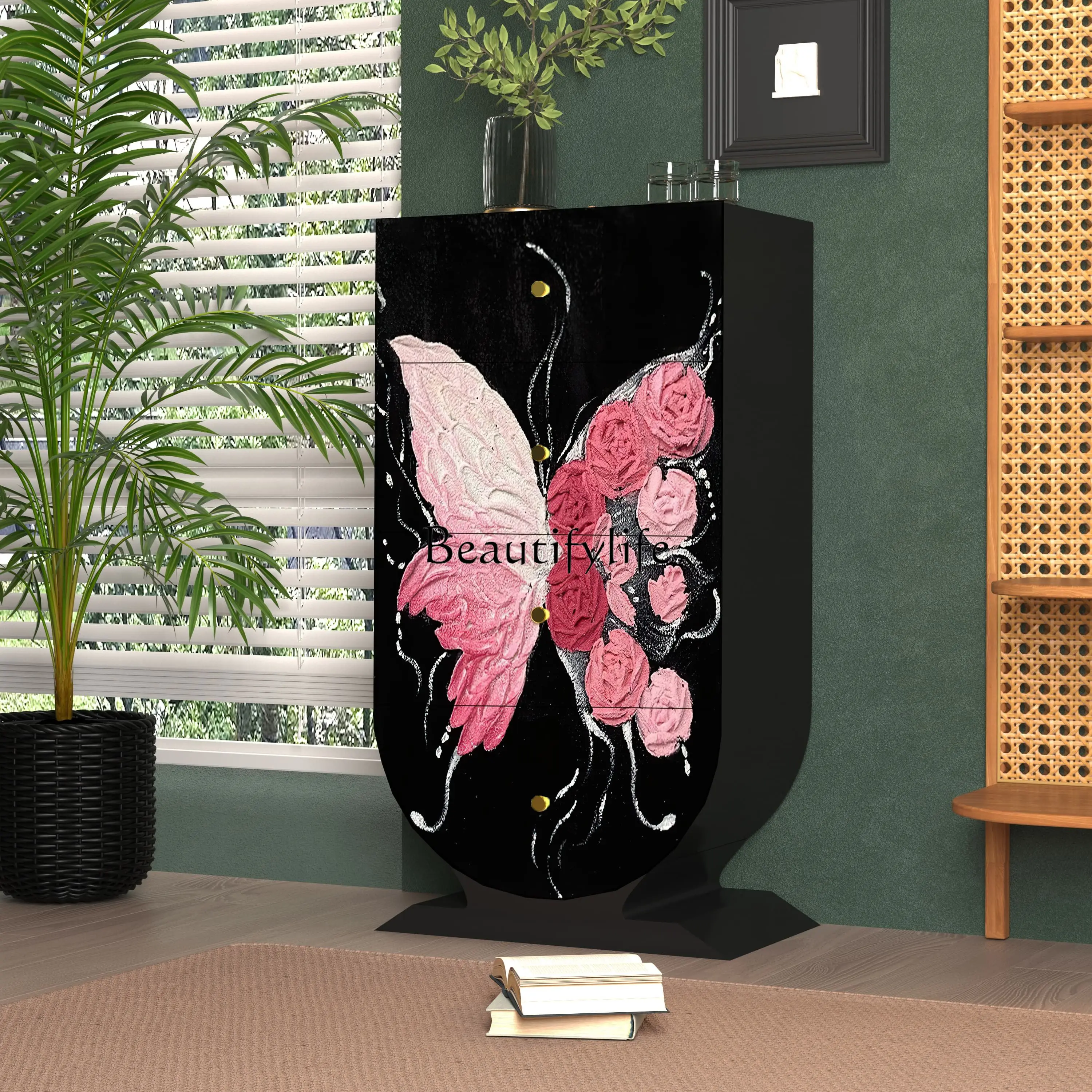 

Retro lacquer painting solid wood four-chest cabinet bedroom living room wall integrated storage cabinet