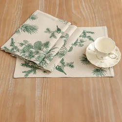4pcs Creative Placemat with Green Pine Cone Print Holiday Placemat Fabric Cotton Linen Placemat Cup Mat Western Style Placemat
