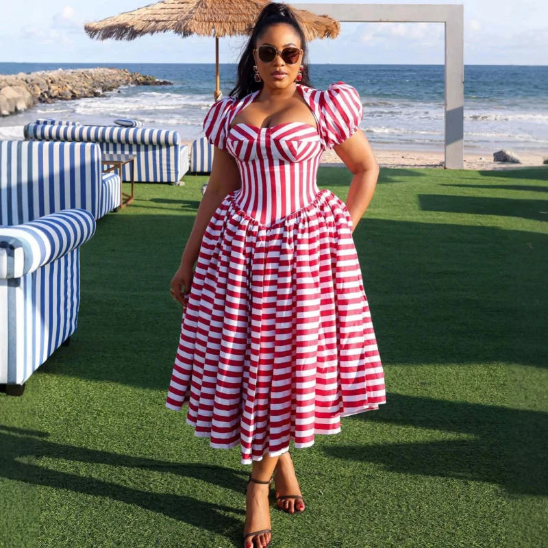 Neues afrikanisches Modekleid für Damen, rosa gestreift, kurze Puffärmel, trägerlos, schmale Taille, großer Saum, langes Kleid