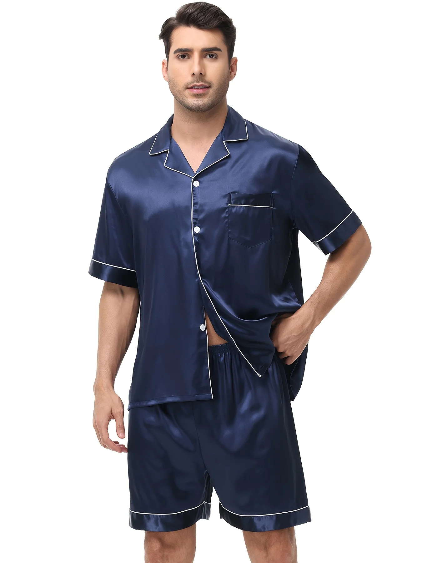 

Luxury Men's Satin Sleepwear Set, Short Sleeve Top & Elastic Waist Shorts Pajama Set for Men Pj Smooth Silky Nightwear for Home