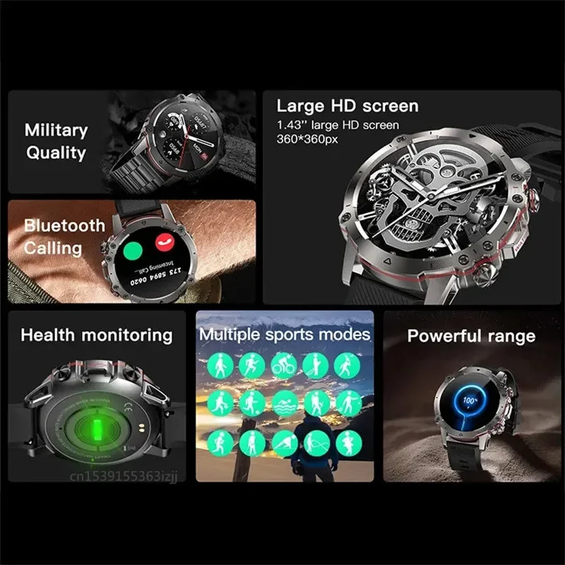 2024 Orologio intelligente AK56 da uomo con schermo grande da 1,43". Bluetooth, Chiamate e Musica. Monitor per il fitness e la salute. Ideale per i stili di vita attivi.