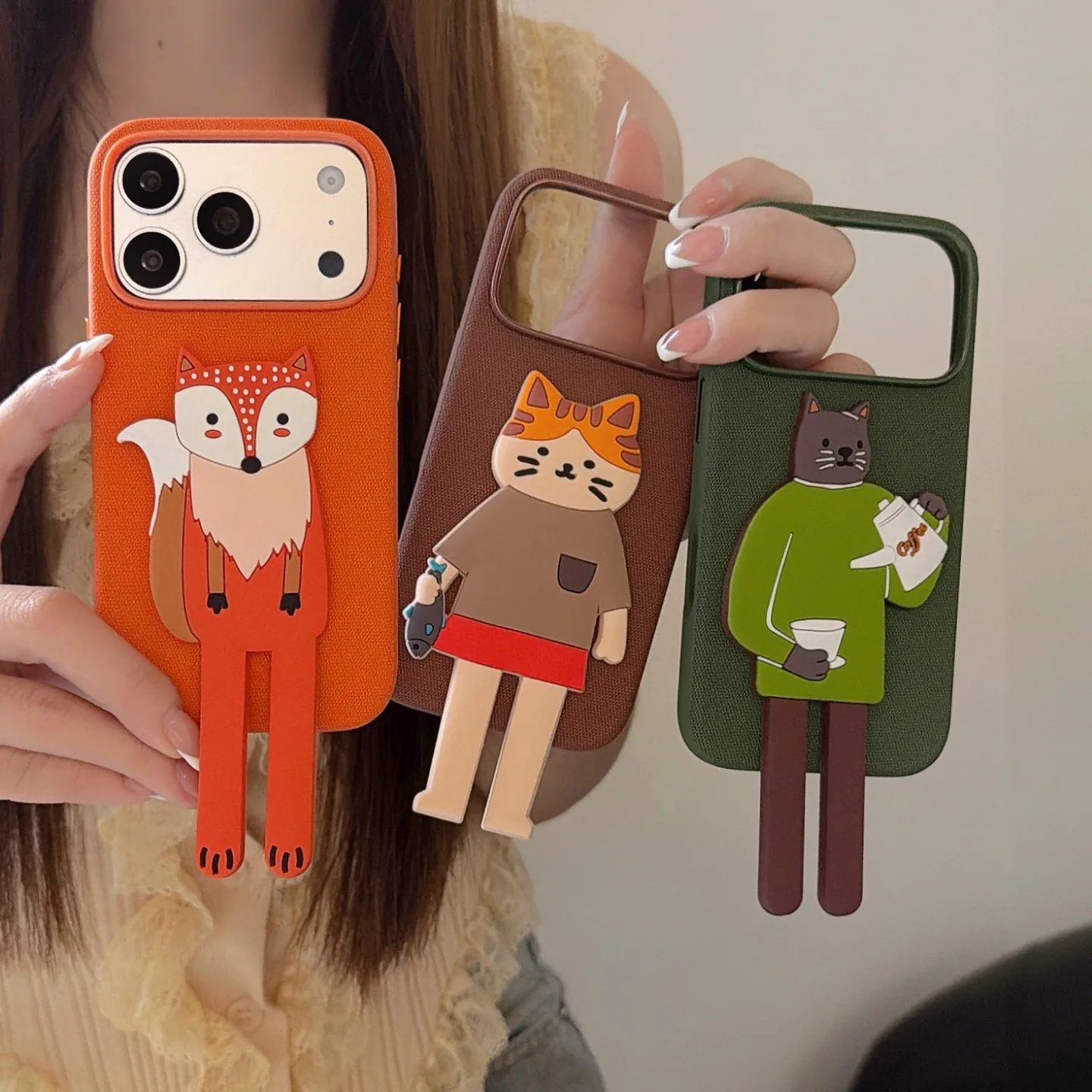 

Cute Long Leg Animal Stand Phone Case, Woven Fabric Protective Cover for iPhone 15 Pro 16 17 Pro Max