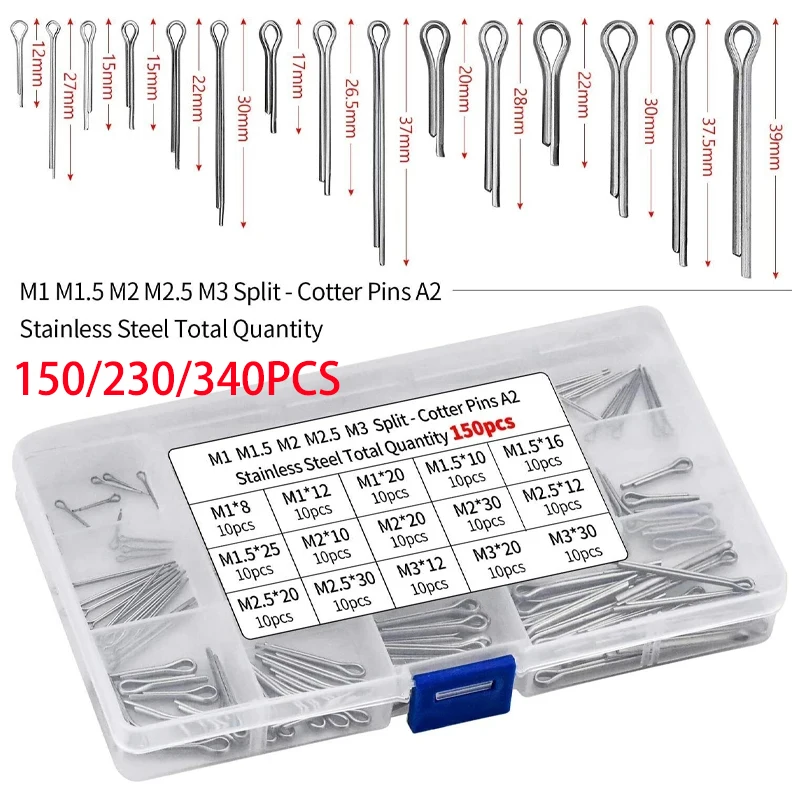 150/230/340PCS Stainless steel cotter pin kit,304 Stainless Steel Split Pin Assortment Kit +Box whistle hairpin U-pin 