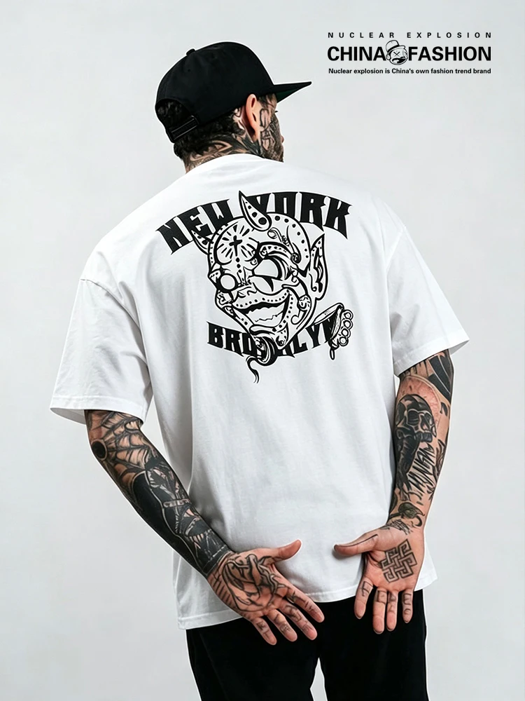 

Nuclear Explosion Style Chicano Devil Clown Heavyweight Pure Cotton Men's T-shirt Large Size Black White Short Sleeve Casual Tee