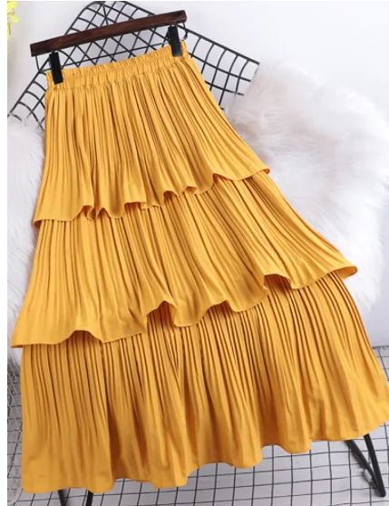 Tiered Pleated Long Skirt for 2023 Women New Korean Casual Solid All-match A Line High Waist Mid-length Skirt Female Purple