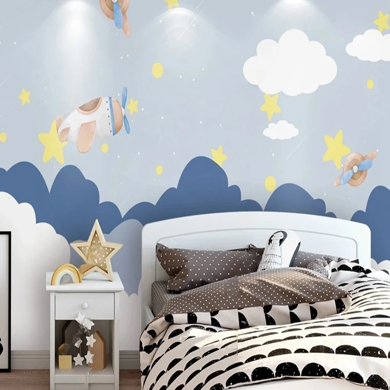 

Custom Cartoon Sky Clouds Airplane Wall Mural Wallpaper for Kids Room Background Wall Decor Boys Girls Bedroom Wall Covering