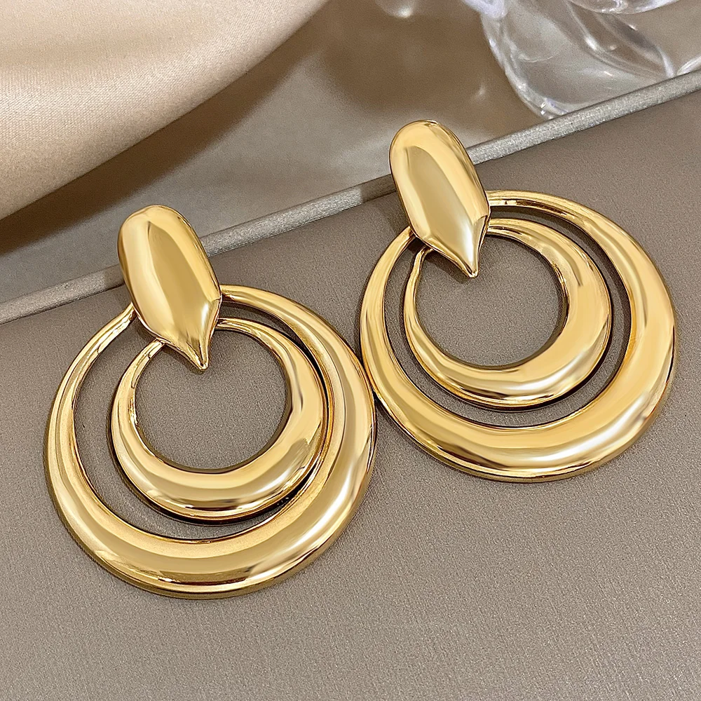 Exaggerated Gold Plated Stainless Steel Drop Earrings for Women Geometric Doubelayer Circle Love Waterdrop Earring Charm Jewelry