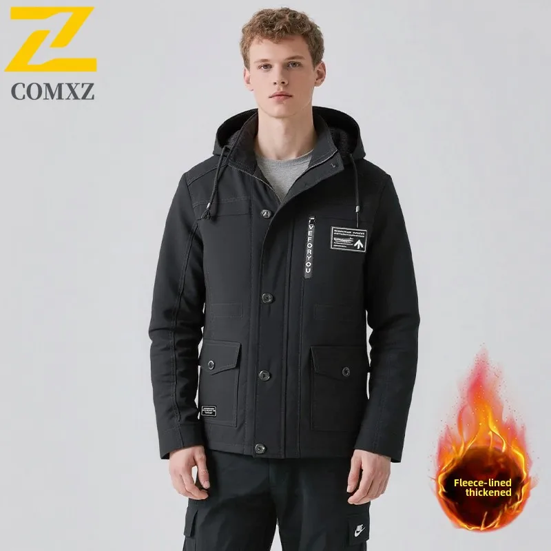 

Men's Fleece Jacket 2025 New Fashion Classic Thick and Warm Multi Pocket Workwear Hooded Jacket Outdoor Casual Zipper Men Jacket