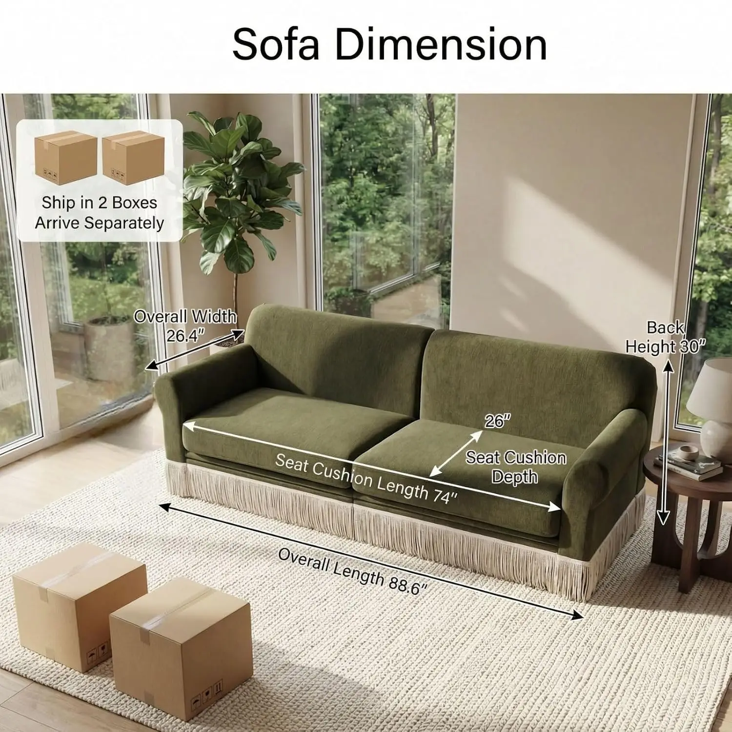 86-Inch 3-Seater Chenille Sofa with Fringe Tassel, Living Room Furniture, Customized