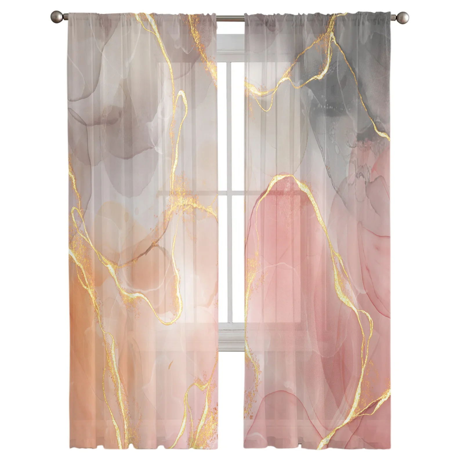 Pink Gradient Marble Gold Silk Textured Pattern Sheer Curtains for Living Room Modern Bedroom Voile Tulle Curtain Window Drapes