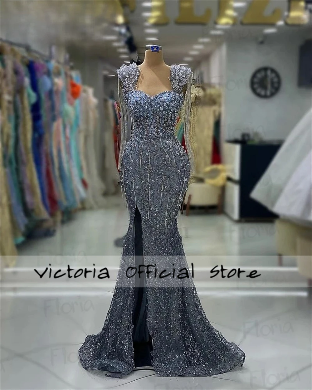 Fancy Dusty Blue Split Arabic Mermaid Evening Dresses Luxury Beads Crystal Tassels Elegant Party Dress For Woman 2025 Customized