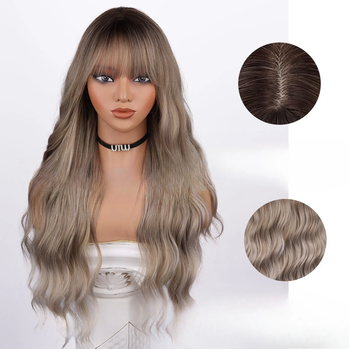 

New European and American women's wigs Qi bangs long curly hair highlights chemical fiber wig headgear