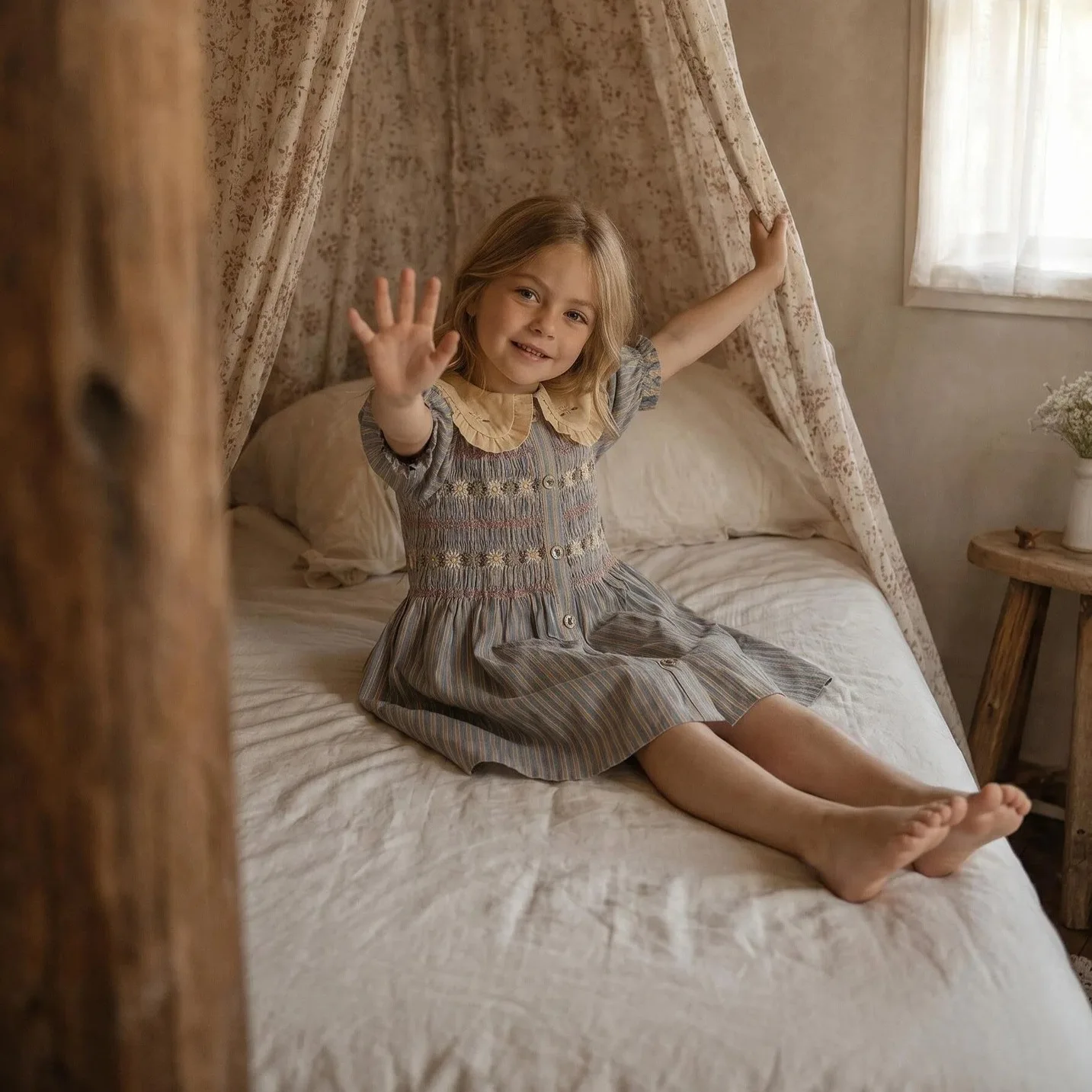 Instant availability! Children's dress 26 summer BD girls' embroidered gathered blue and white striped puff-sleeve blouse dress