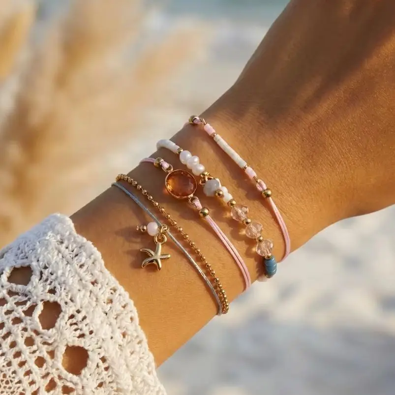 Women's Bohemian Starfish Shell Heishi Beads Bracelet Dainty Crushed Stone Braided Rope Chain Stackable Party Jewelry Gift