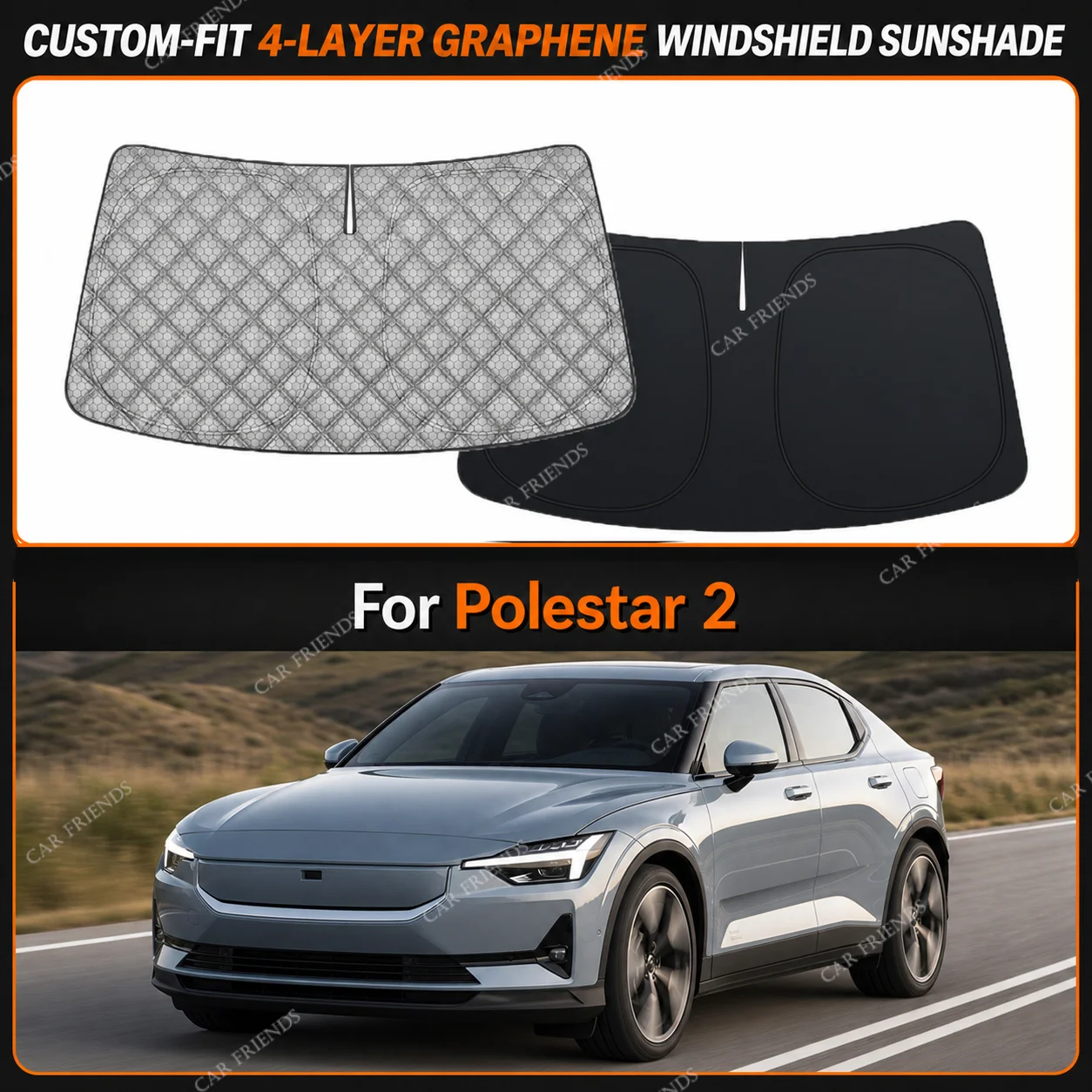 For Polestar 2 Custom-Fit 4-Layer Graphene Windshield Sunshade Reflective Gray-Silver Surface Helps Reduce Direct Sunlight