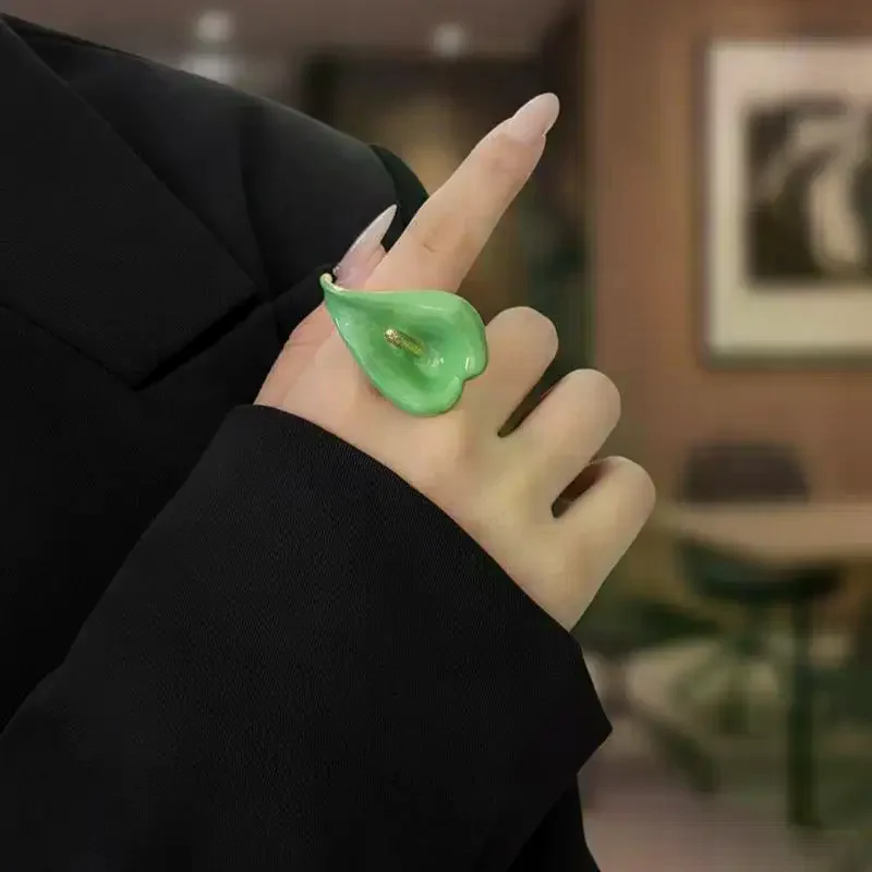 Elegant Adjustable Enamel Calla Flower Ring Metal Opening Geometric Open Ring Delicate Minimalist Vintage Ring Women