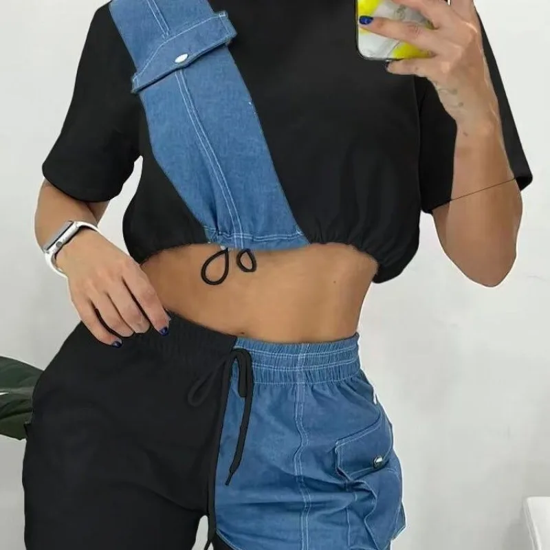 2024 Spring Summer Elegant New Fashion Denim Stitching Midriff-Baring Short Sleeve Shorts Two-Piece Set