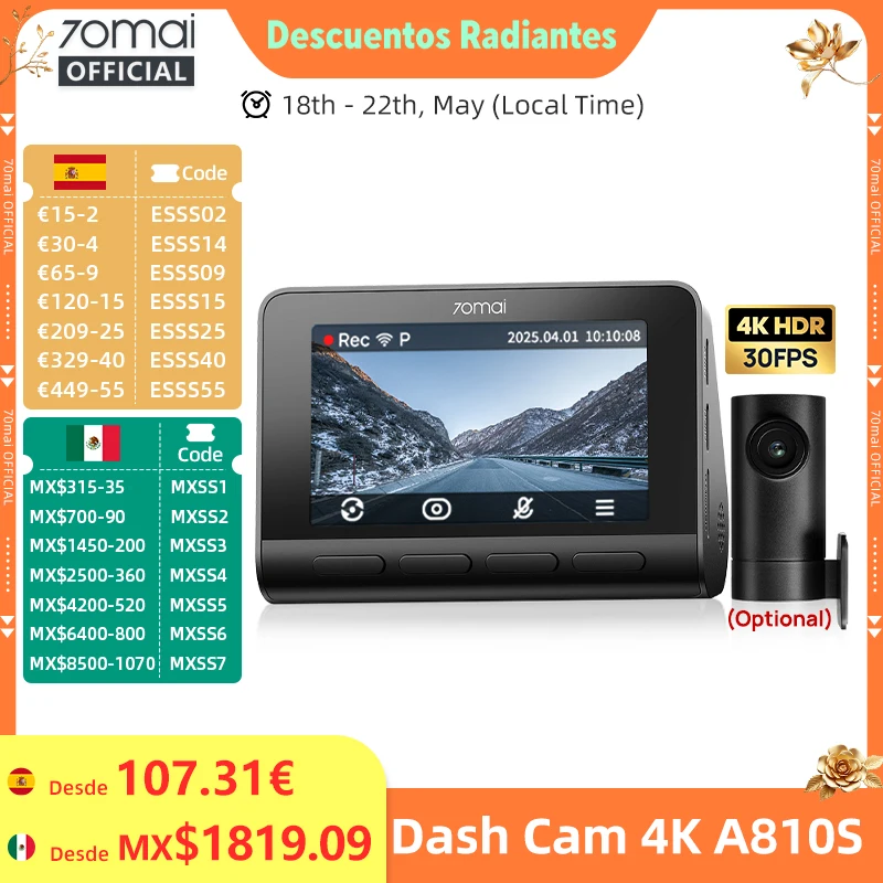Cámara Para Auto 70Mai Dash Cam 4K A810S Hdr Imx678 Con Supercondensador, 4G Lte, Control Remoto, Wi-Fi 6, Control Por Voz, Gps, Adas — -55%, $153.2 Coupon, from $121.15 – 55% descuento – €121.15