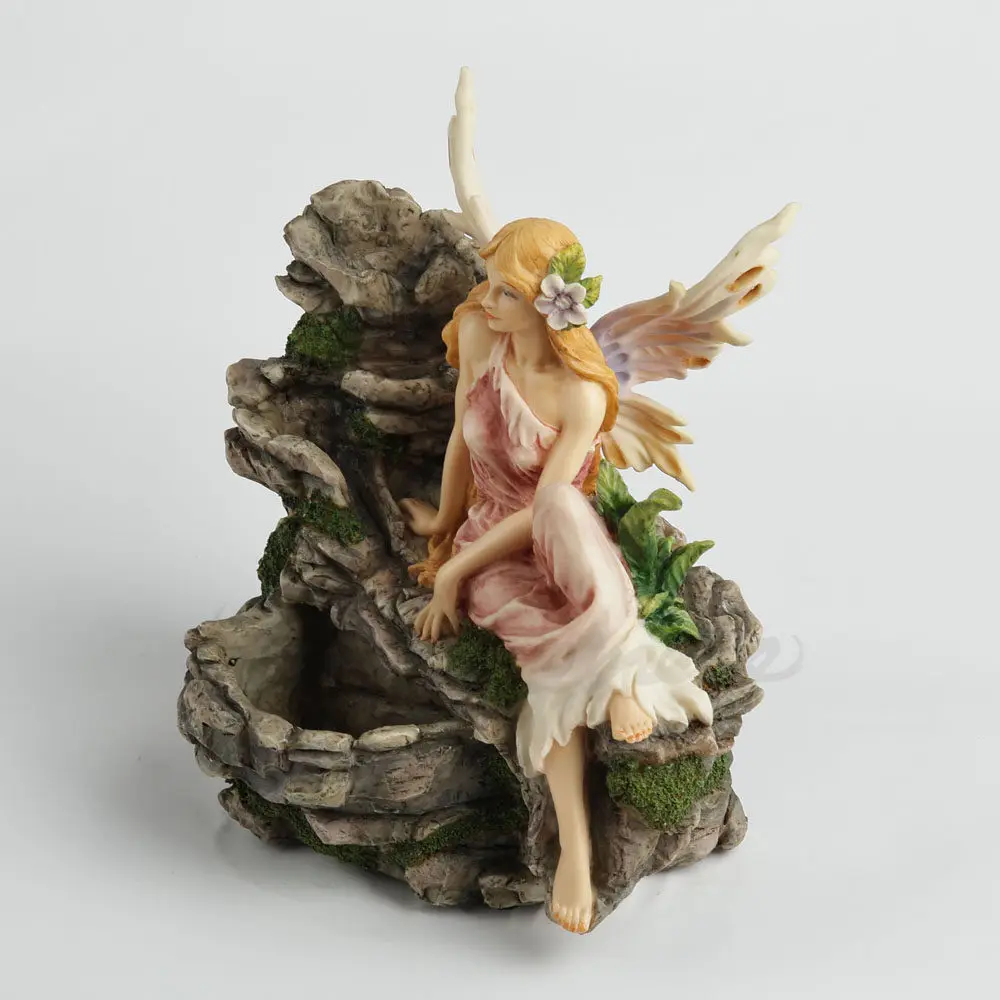 Fairy Figurine Sitting on Rock Resin Statue Winged Elf with Hollow Storage Cavity Fantasy Garden Ornament Home Room Decoration