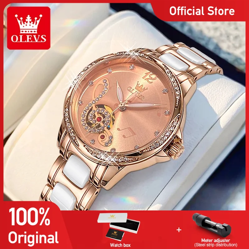 OLEVS 6656 Ladies Watches Top Brand Luxury Elegant Original Automatic Mechanical Watch Waterproof Ceramics Strap Watch Set Box