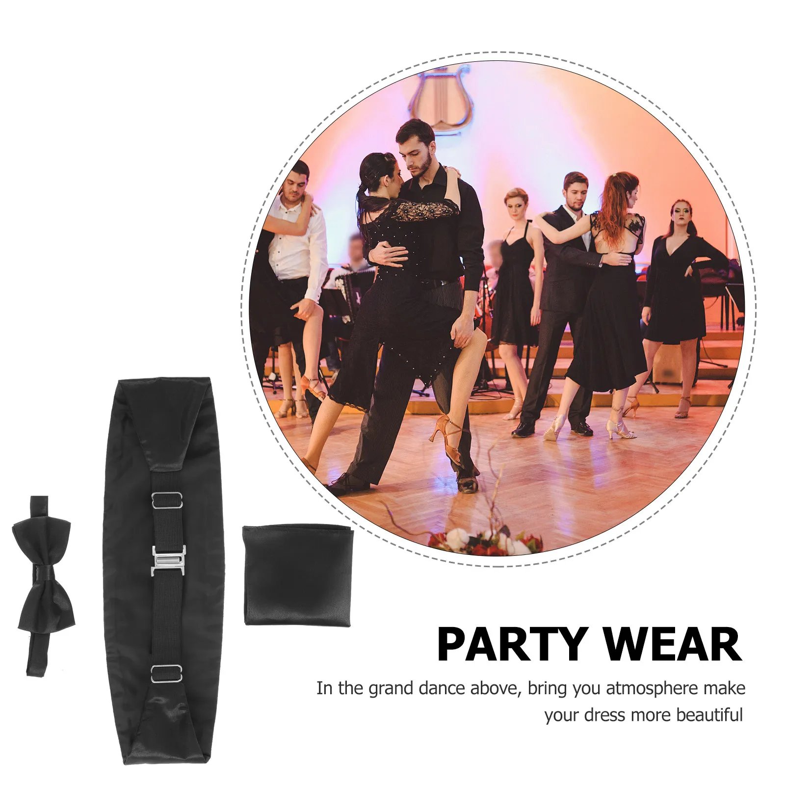 3Pcs Men's Cummerbund Bow Tie Pocket Hanky Set Black Satin Formal Evening Wear Tuxedo Prom Wedding Party Adjustable Clip